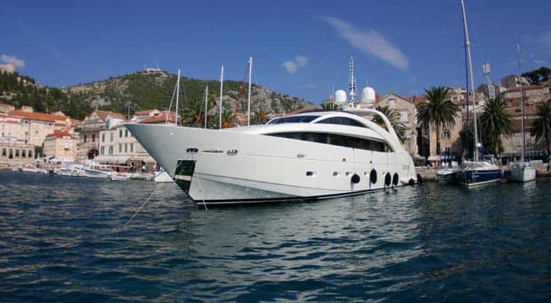 A luxury motor yacht in the renowned port of Hvar on Brac Island